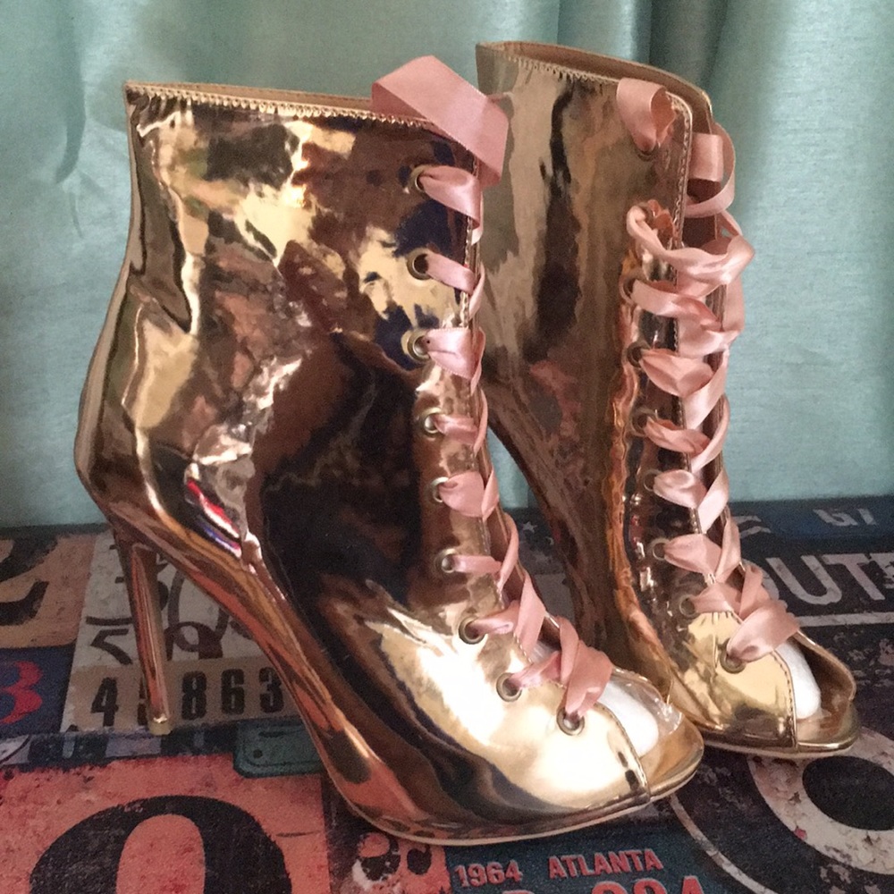 Rose Gold patent leather bootie by Indulge